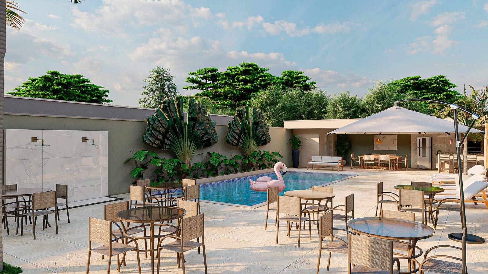 Área de lazer Villas com piscina, mesas e espaço de convivência