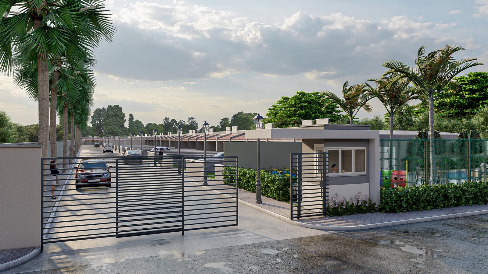 Entrada de um condomínio residencial Villas com portaria, paisagismo e área de lazer